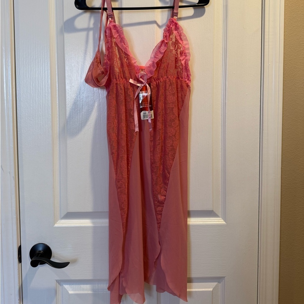 NWT Pink Lace Sheer Babydoll Dress with Matching Thong Womens Size M